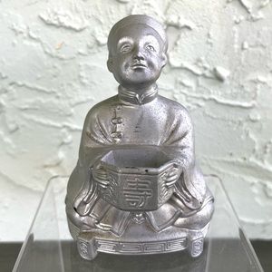 Vintage Cast-Metal Silver Kneeling Asian-Man Incense Burner (H: 5”)